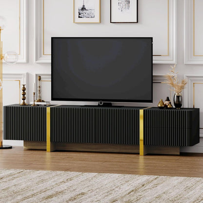 Luxury Fluted TV Stand for TVs Up to 80", Modern Entertainment Center with Storage Cabinets & Drawers, Smooth Media Console with Golden Wood Grain Legs for Living Room, Black