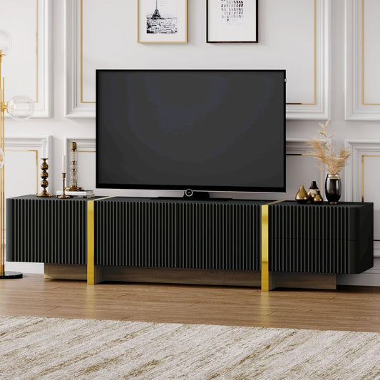 Luxury Fluted TV Stand for TVs Up to 80", Modern Entertainment Center with Storage Cabinets & Drawers, Smooth Media Console with Golden Wood Grain Legs for Living Room, Black