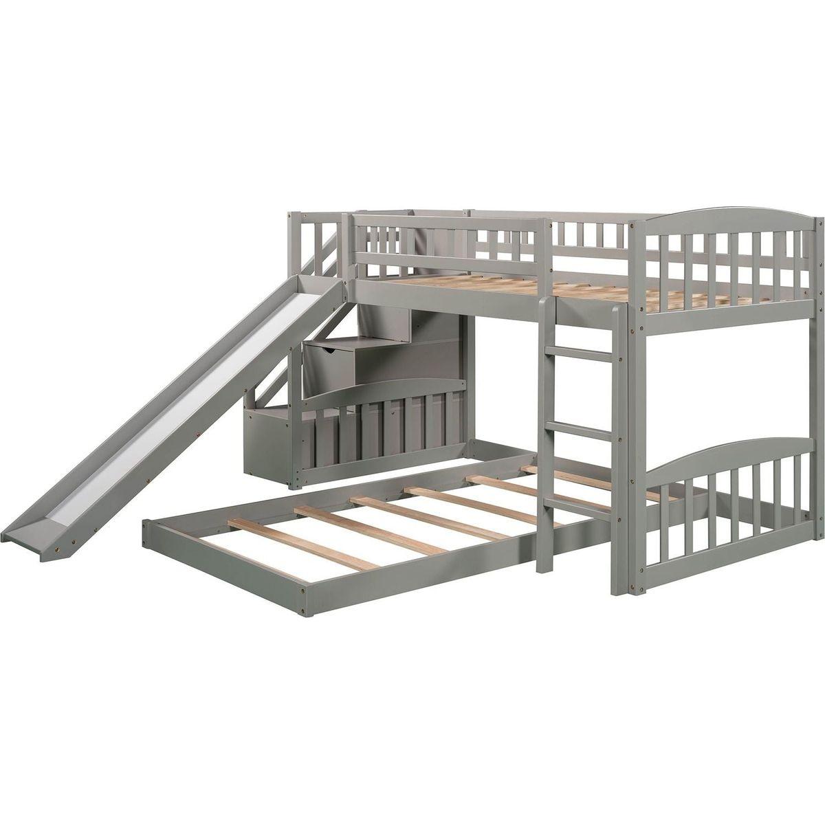 Stairway Twin over Twin Bunk Bed with Two Drawers and Slide, Gray