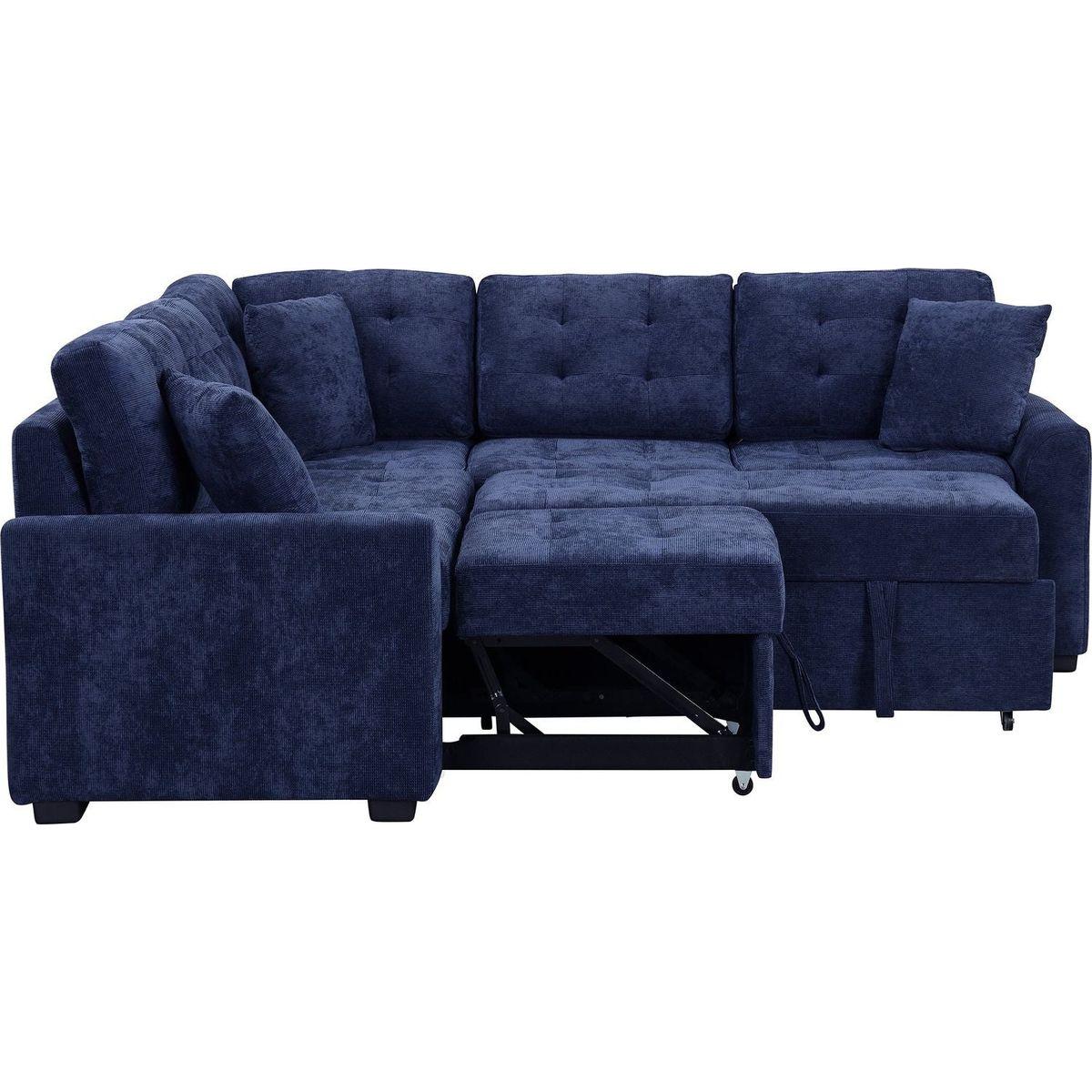 82.6" L-shape Sofa Bed Pull-out Sleeper Sofa with Wheels, USB Ports, Power Sockets for Living Room, Navy Blue