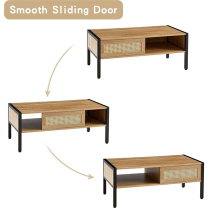 40.16" Rattan Coffee table, sliding door for storage, metal legs, Modern table for living room, natural