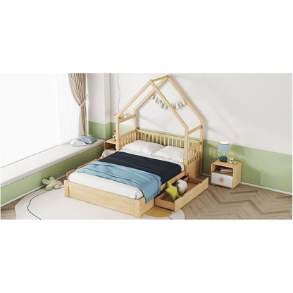 Wood Queen Size House Platform Bed with Guardrail and 2 Drawers, Natural