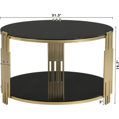 Modern Black Mirror Coffee Table, Asymmetrical Metal, Circular Metal Drum Base, Gold Finish & Lower Shelf