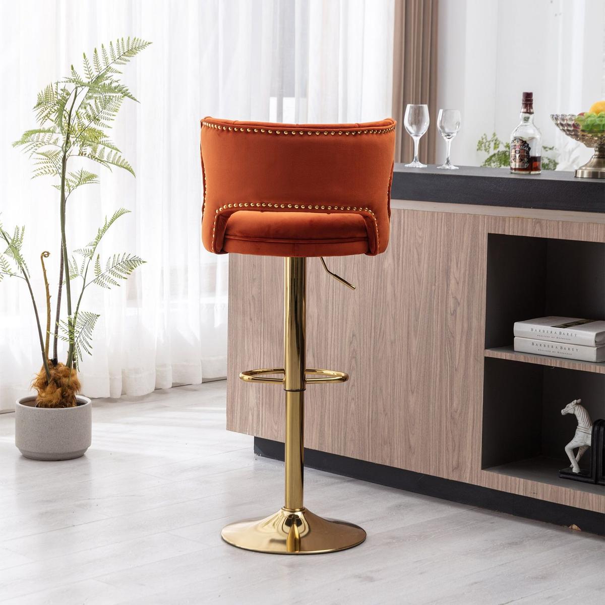 Bar Stools With Back and Footrest Counter Height Dining Chairs-Velvet Orange-2PCS/SET