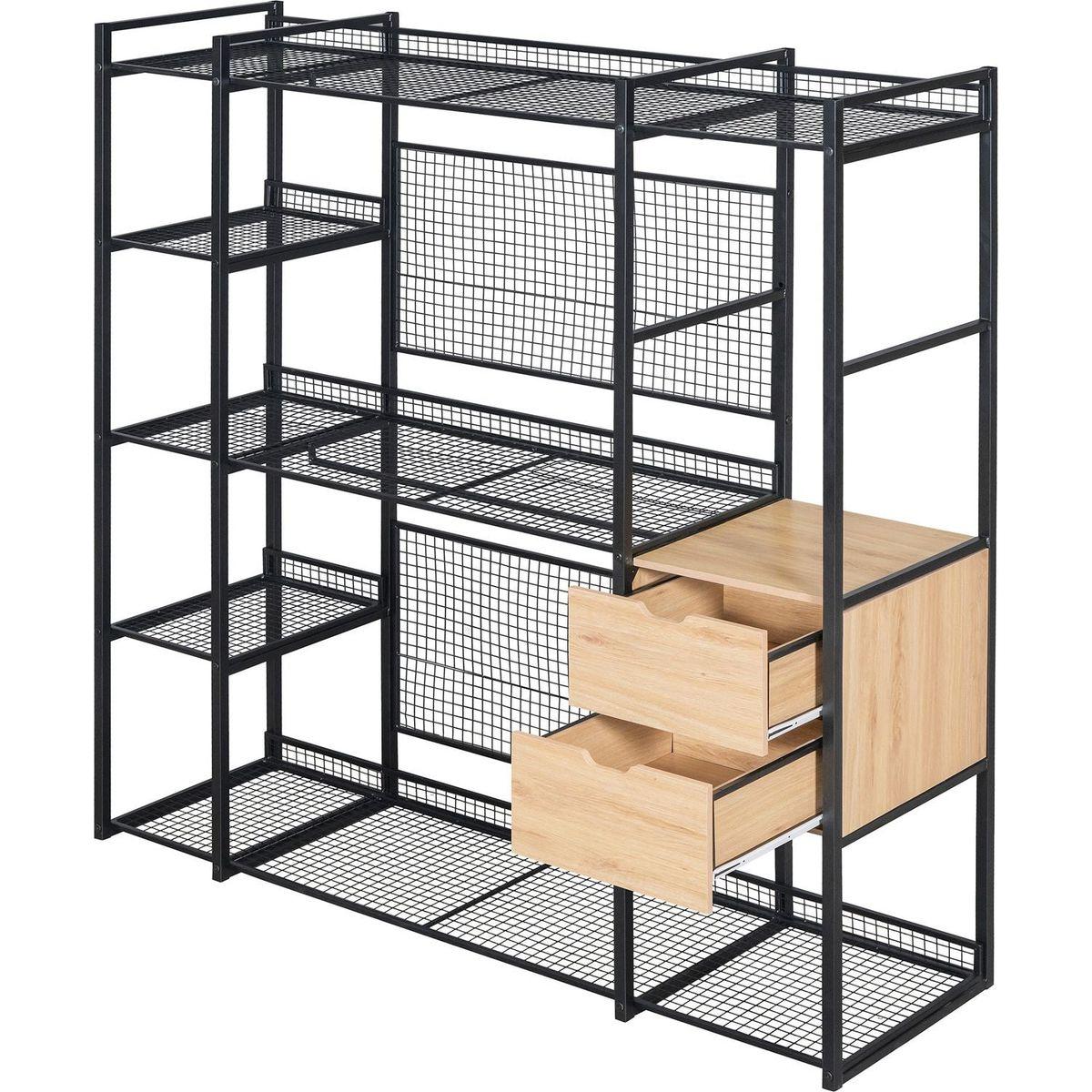 Open-Style Wardrobe with Hanging Rails, Shelves and Drawers, Black