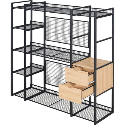 Open-Style Wardrobe with Hanging Rails, Shelves and Drawers, Black