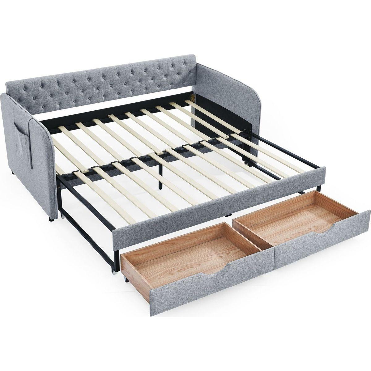 Twin Size Upholstery Daybed with Trundle Bed and Two Storage Drawers , Flat Arms with Pocket, Extendable Daybed for Bedroom Living Room,Linen Grey