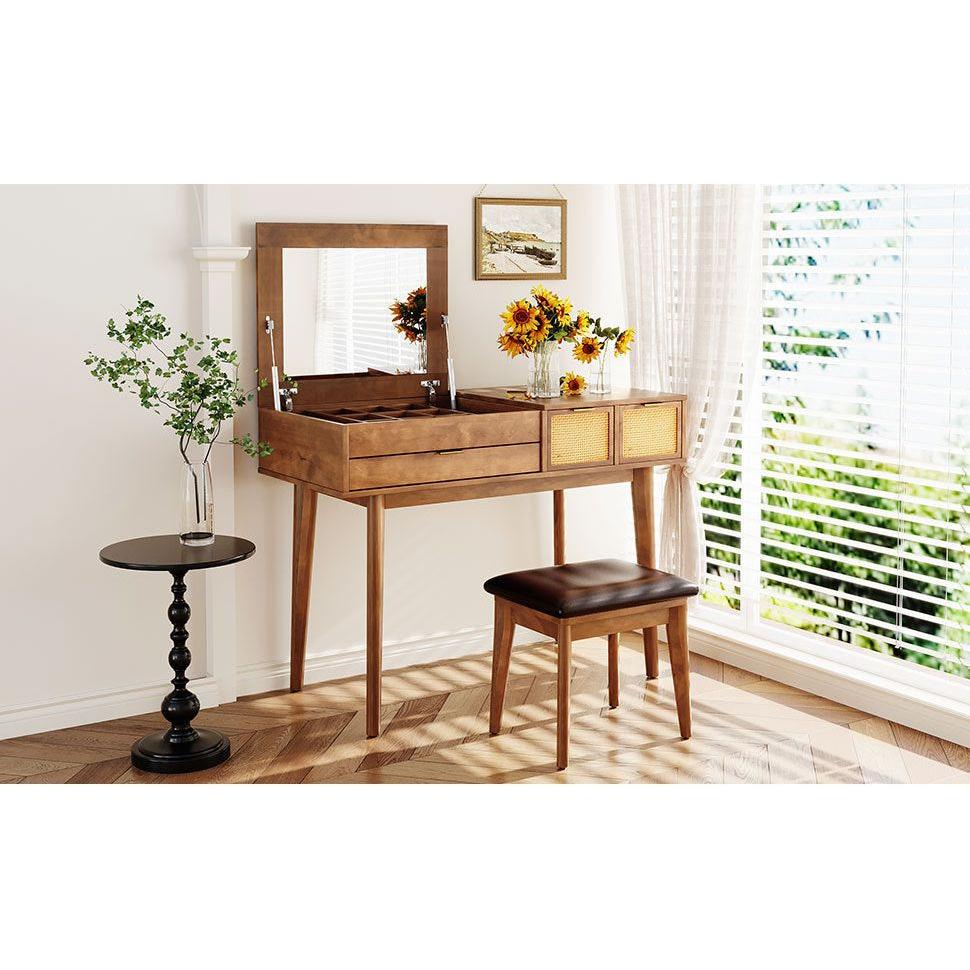 43.3" Classic Wood Makeup Vanity Set with Flip-top Mirror and Stool, Dressing Table with Three Drawers and storage space, Brown