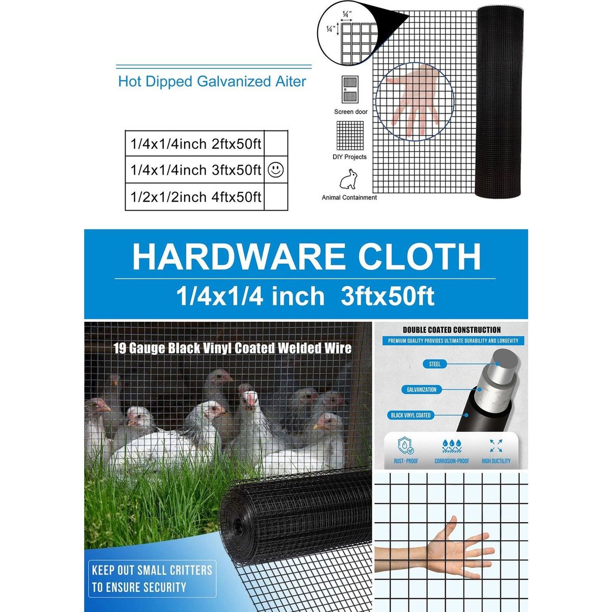 36 inchx50 ft Black Vinyl Coated Hardware Cloth 19 Gauge 1/4 inch Black PVC Hardware Cloth, Black Welded Wire Fence Supports Poultry-Netting Cage-Home Improvement and Chicken Coop - Streamdale Furniture