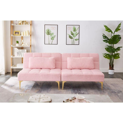 71" Convertible sofa bed futon with gold metal legs teddy fabric (Pink)