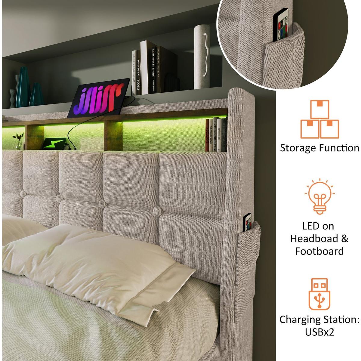 Queen size Upholstered Platform bed with a Hydraulic Storage System, LED and USB Charging, Natural (without mattress)