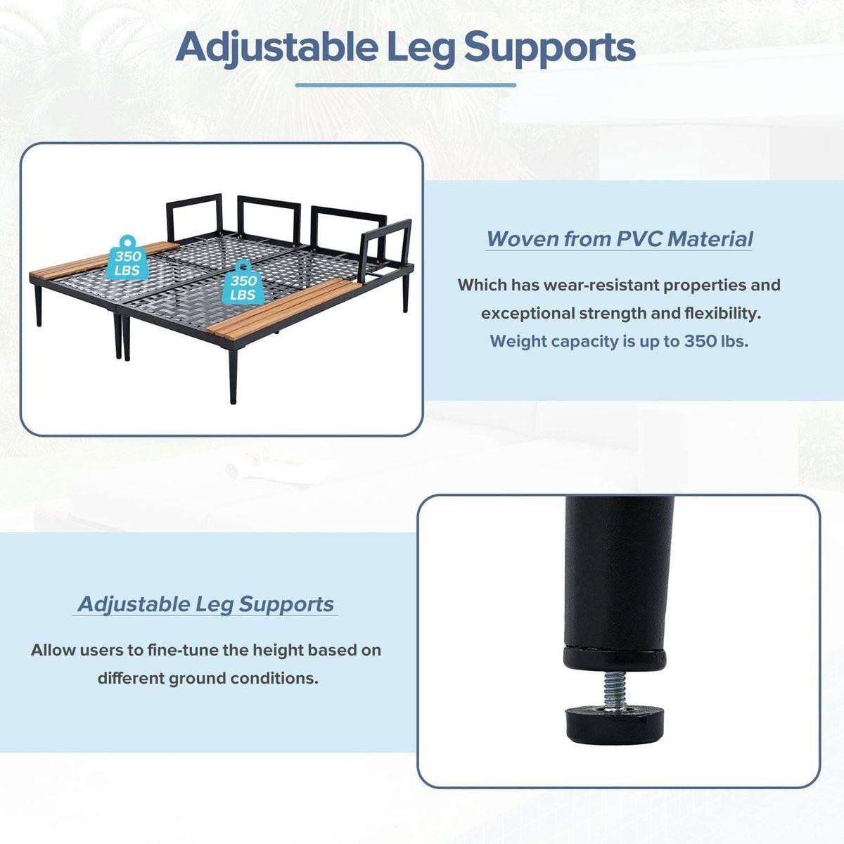 Modern Outdoor Daybed Patio Metal Daybed with Wood Topped Side Spaces for Drinks, 2 in 1 Padded Chaise Lounges for Poolside, Balcony, Deck, Gray