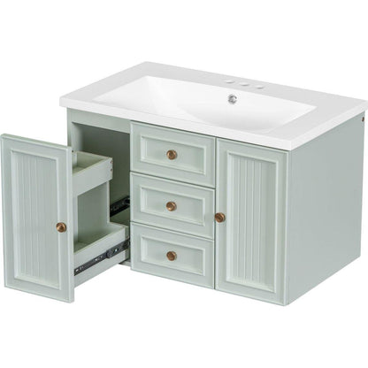 30" Wall Mounted Bathroom Vanity with Sink Combo, Functional Drawer, Solid Wood & MDF Board & Ceramic, Green