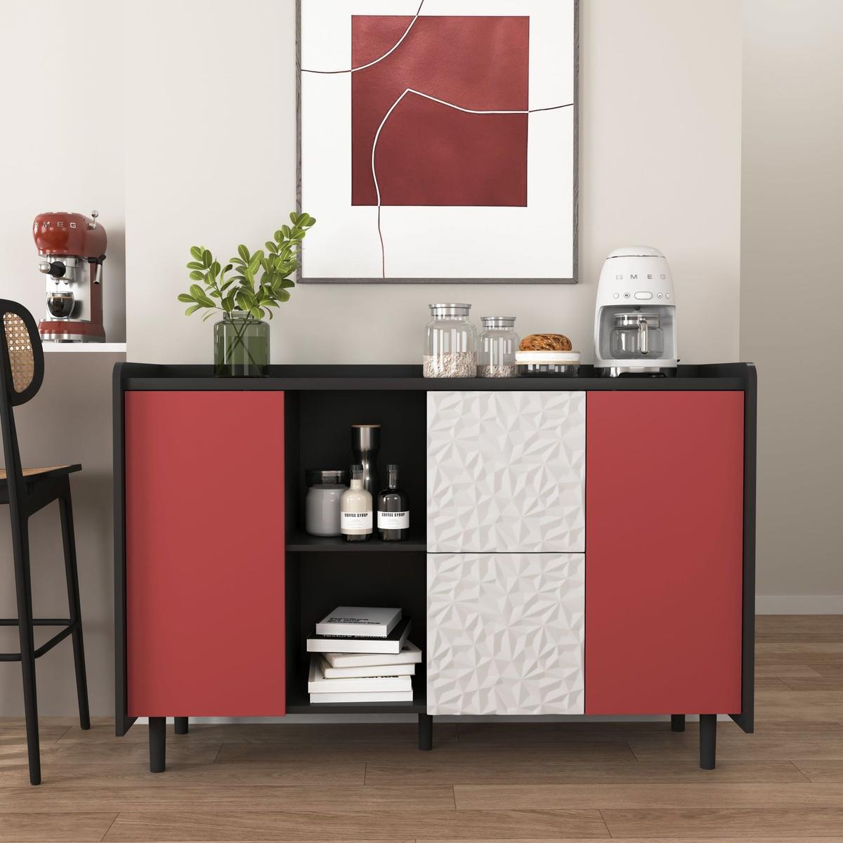 Sideboard Buffet Cabinet, Black Storage Cabinet with Red Doors, 2 Drawers with unique panel styling and 2 Open Storage Compartment, Modern Coffee Bar Cabinet Accent Cabinet for Kitchen, Dining Room