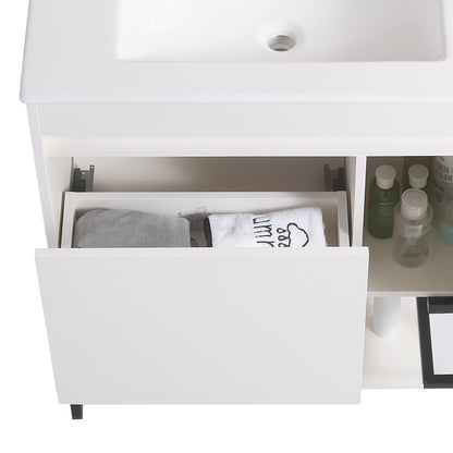 30" Bathroom Vanity with Sink,Bathroom Vanity Cabinet with One Soft Close Cabinet Doors & soft-close Drawers,Bathroom Storage Cabinet with a Lower Open Shelf,with Metal Legs,White Ceramic Sink,White