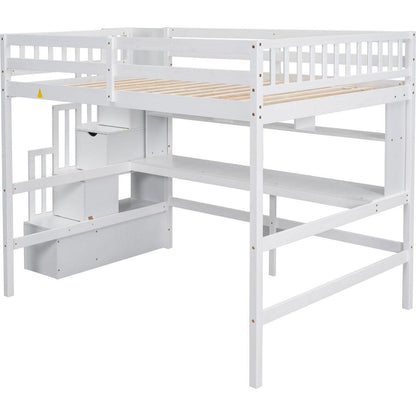 Full Size Loft Bed with Built-in Desk, Bookshelves and Storage Staircase,White