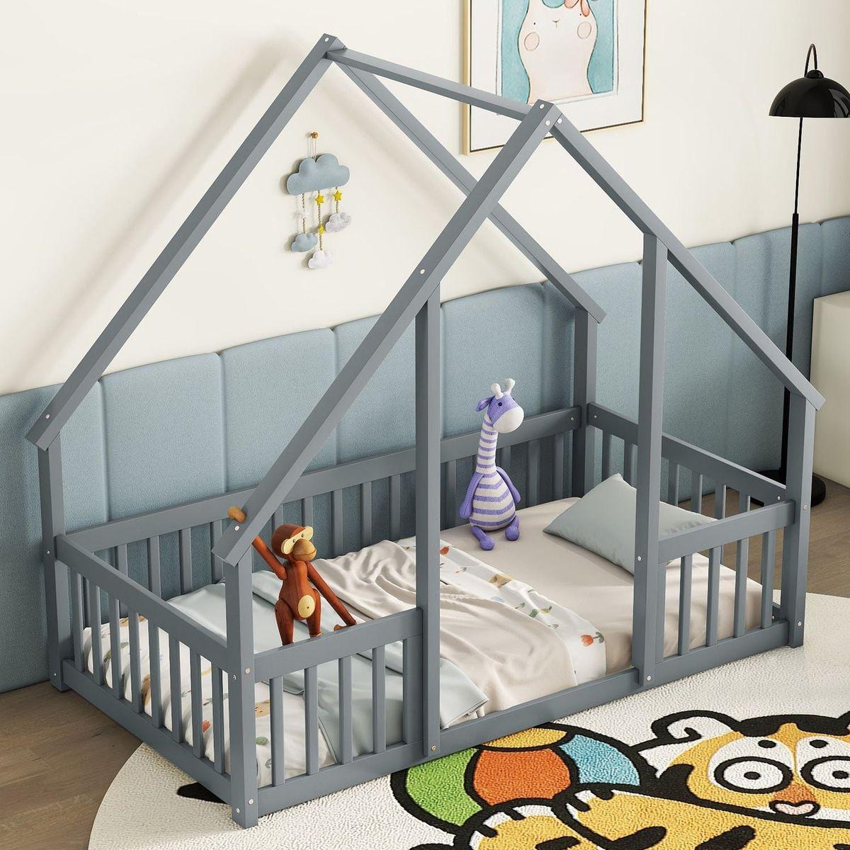 Twin Wood House-Shaped Floor Bed with Fence, Guardrails, Grey