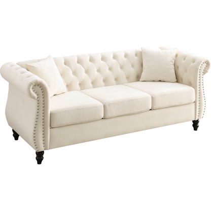 80" Chesterfield Sofa Beige Velvet for Living Room, 3 Seater Sofa Tufted Couch with Rolled Arms and Nailhead for Living Room, Bedroom, Office, Apartment, two pillows