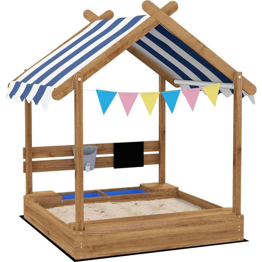 Wooden Sandbox with Canopy House Design for 3-7 Years Old, Brown