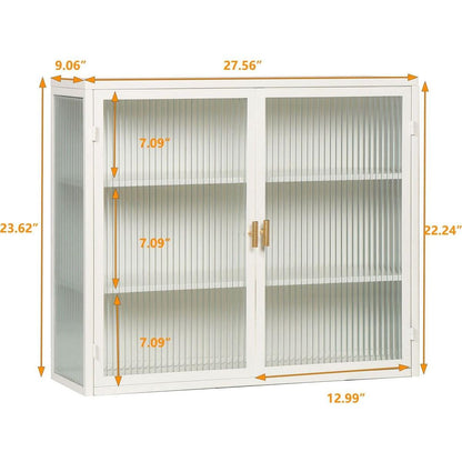 27.56"Glass Doors Modern Two-door Wall Cabinet with Featuring Three-tier Storage for Entryway Living Room Bathroom Dining Room,White