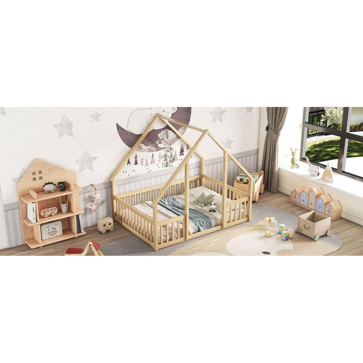 Full Wood House-Shaped Floor Bed with Fence, Guardrails,Natural