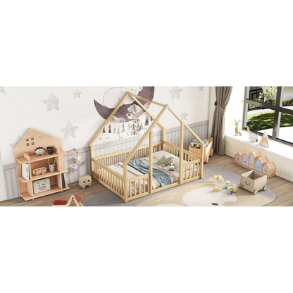 Full Wood House-Shaped Floor Bed with Fence, Guardrails,Natural