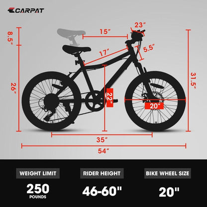 S20101 20 Inch Kids Bike, Boys Girls Mountain Bike Ages 8-12, 7 Speed Teenager Children Kids' Bicycles, Front Suspension Disc U Brake, 14 Inch Height Steel Frame