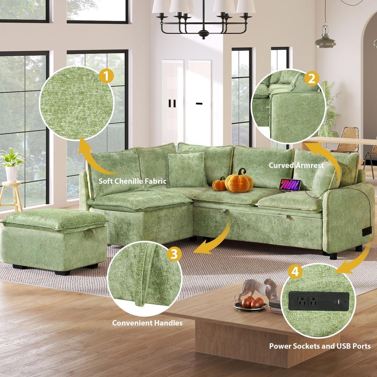 82.67"Convertible Sofa Bed Sectional Sofa Sleeper L-shaped Sofa with a Storage Ottoman,Two Pillows, Two Power Sockets and Two USB Ports for Living Room, Green