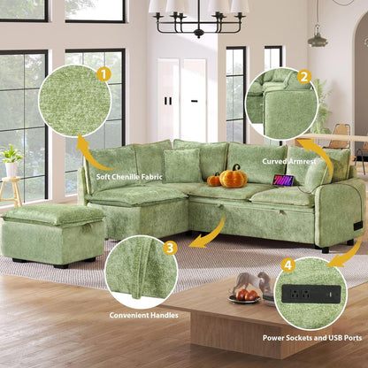 82.67"Convertible Sofa Bed Sectional Sofa Sleeper L-shaped Sofa with a Storage Ottoman,Two Pillows, Two Power Sockets and Two USB Ports for Living Room, Green