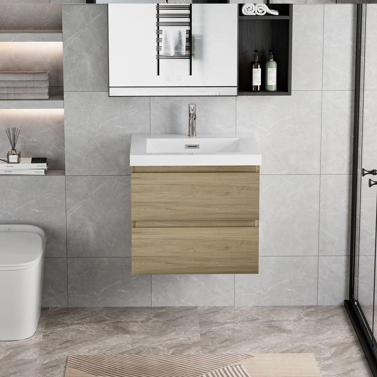 30" Floating Bathroom Vanity with Sink, Modern Wall-Mounted Bathroom Storage Vanity Cabinet with Resin Top Basin and Soft Close Drawers, Natural Oak