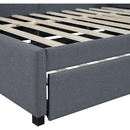 Full Size Upholstered Daybed with Trundle Sofa Bed Frame No Box Spring Needed, Linen Fabric(Gray)