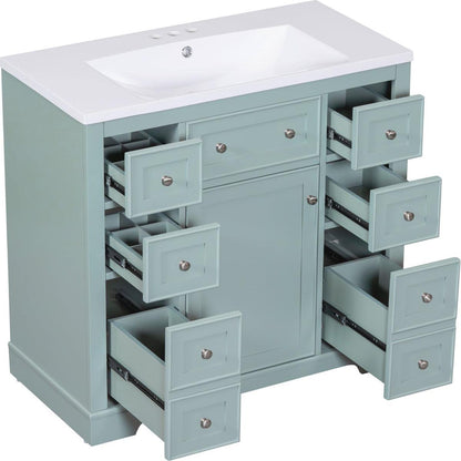 36" Bathroom Vanity with Sink Combo, One Cabinet and Six Drawers, Solid Wood and MDF Board, Green