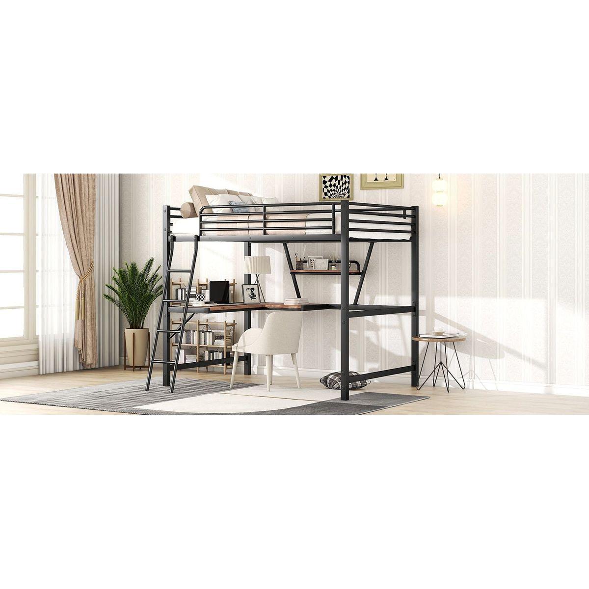 Full Size Loft Metal&MDF Bed with Desk and Shelf, Black