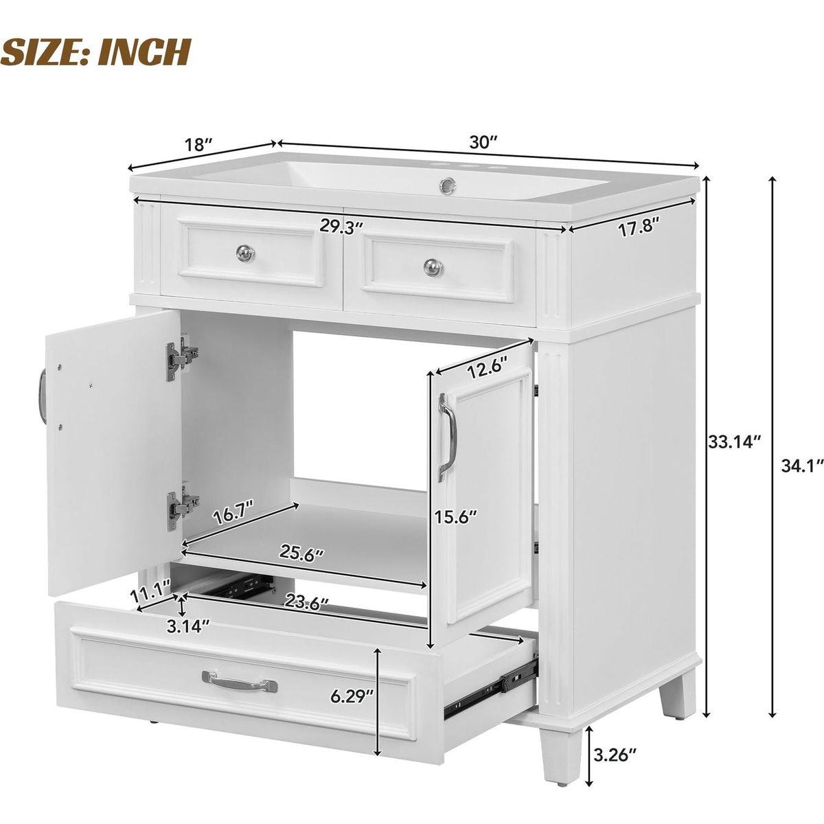 30" Bathroom Vanity with Resin Sink, Solid Wood Frame Bathroom Storage Cabinet with Soft Closing Doors, Retro Style, White