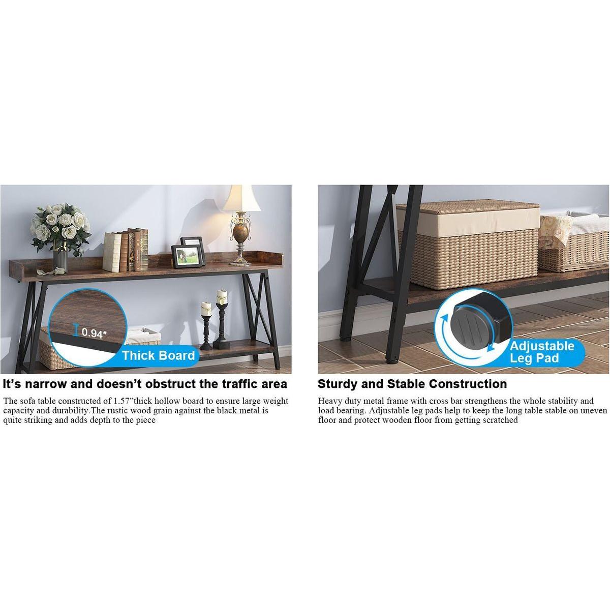 70.87 inch Extra Long Console Table Behind Couch, Rustic Industrial Sofa Table for Living Room, Narrow Entryway Hallway Long Bar Table, Brown+Black