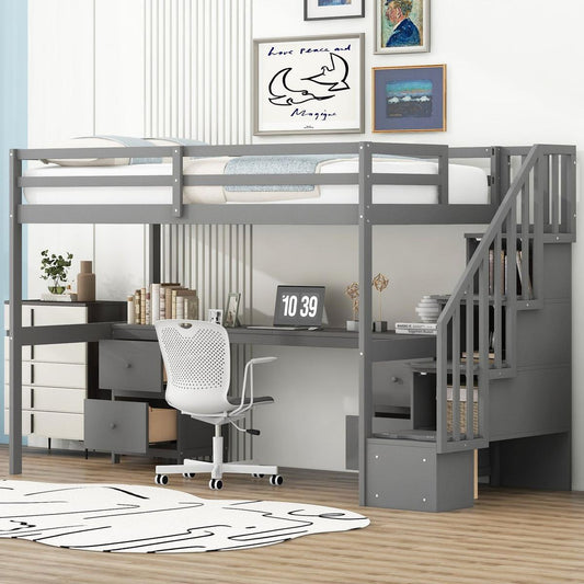 Twin Size Loft Bed Frame with Built-in Desk and Double Storage Drawers,Gray