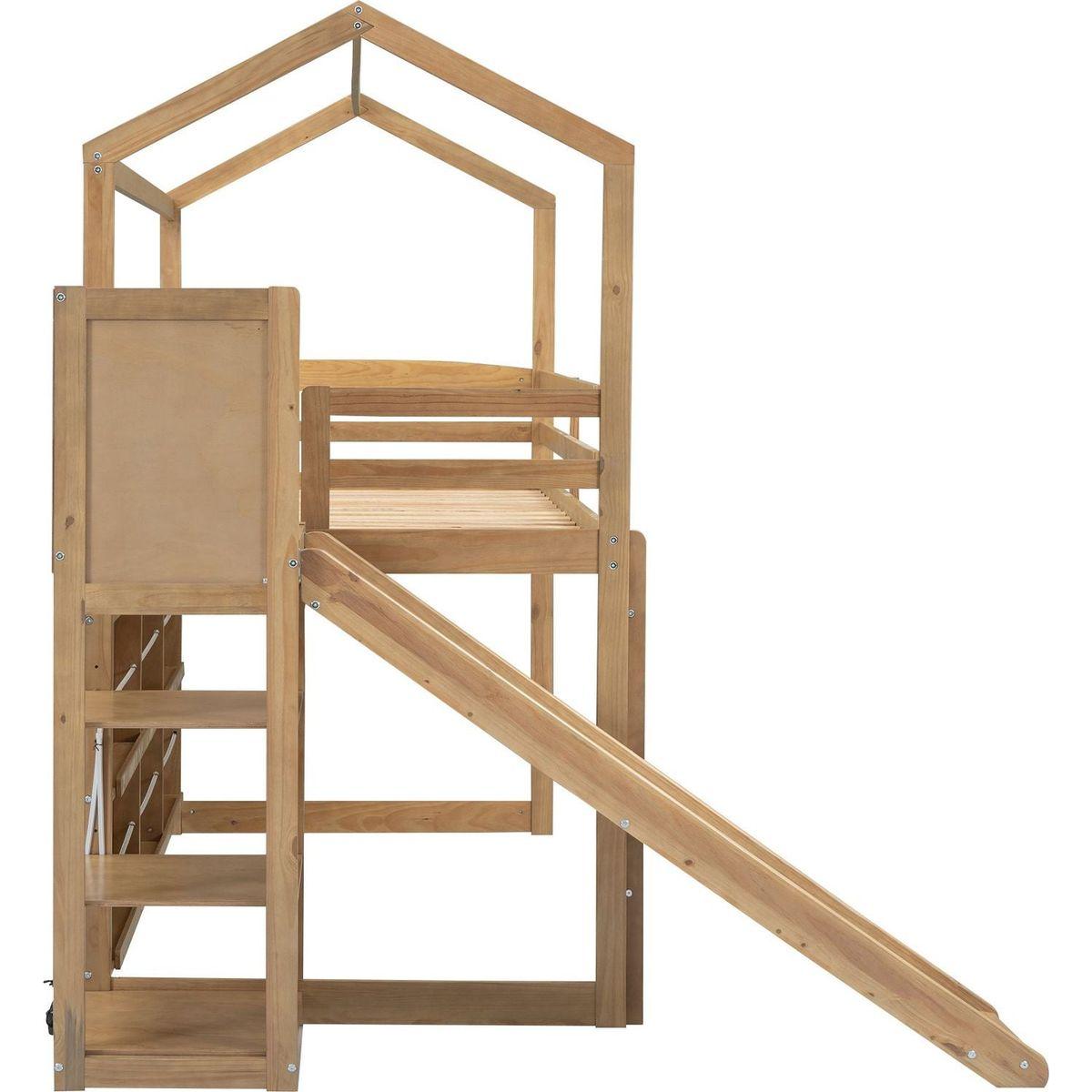 Twin Size Wood House Loft bed with Slide, Storage shelves and Light, Climbing Ramp, Wood Color