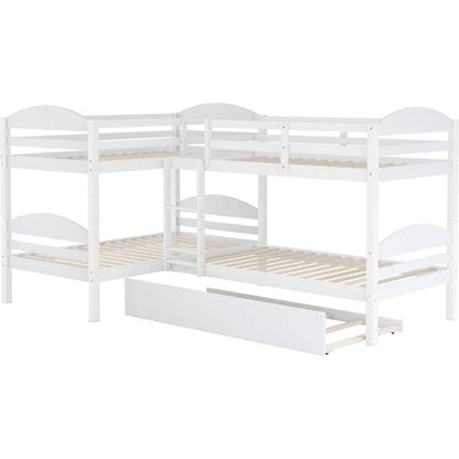 Twin L-Shaped Bunk bed with Trundle-White{O