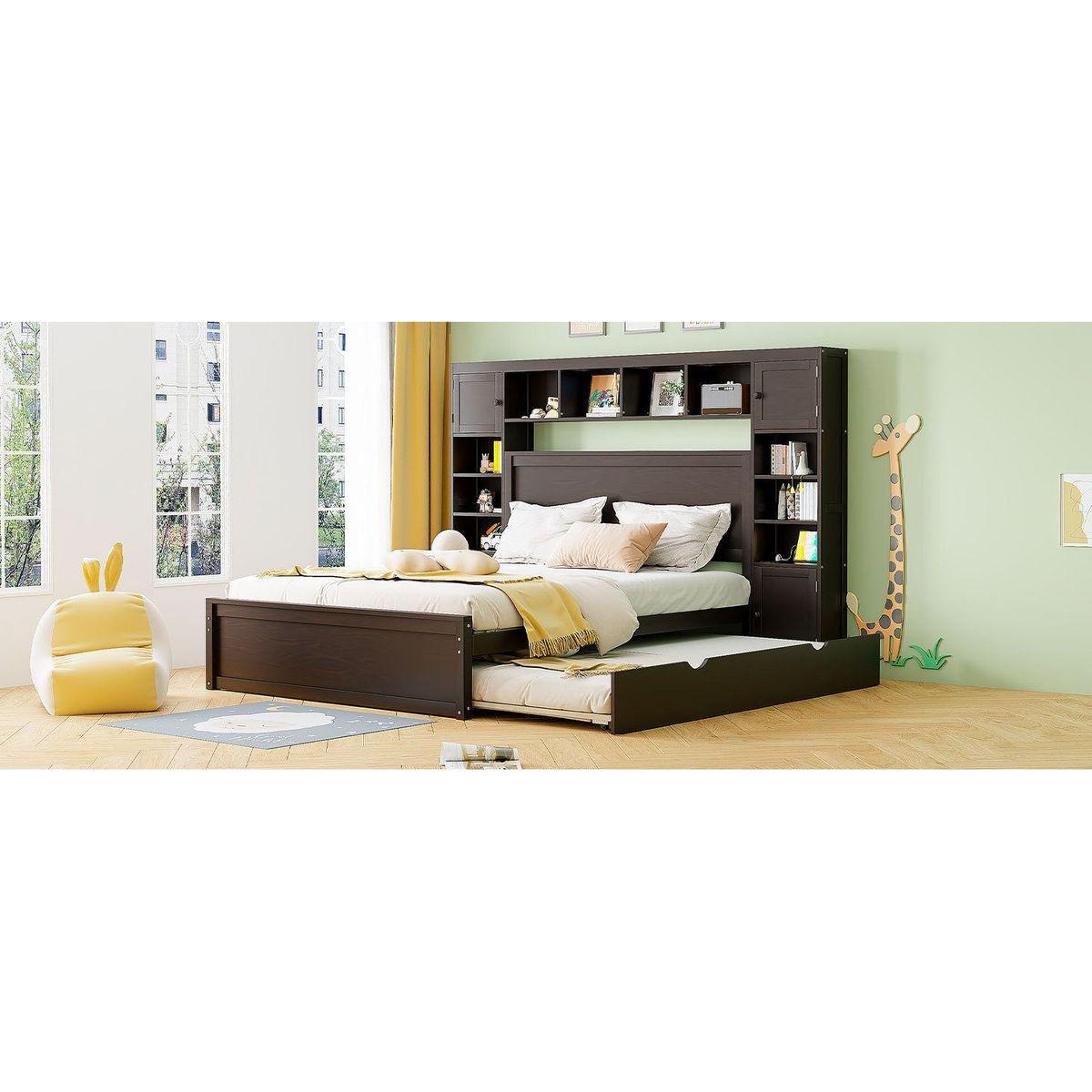 Queen Size Wooden Bed With All-in-One Cabinet, Shelf and Sockets, Espresso