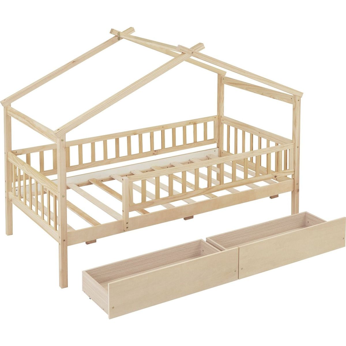 Twin Size Wooden House Bed with Two Drawers, Natural