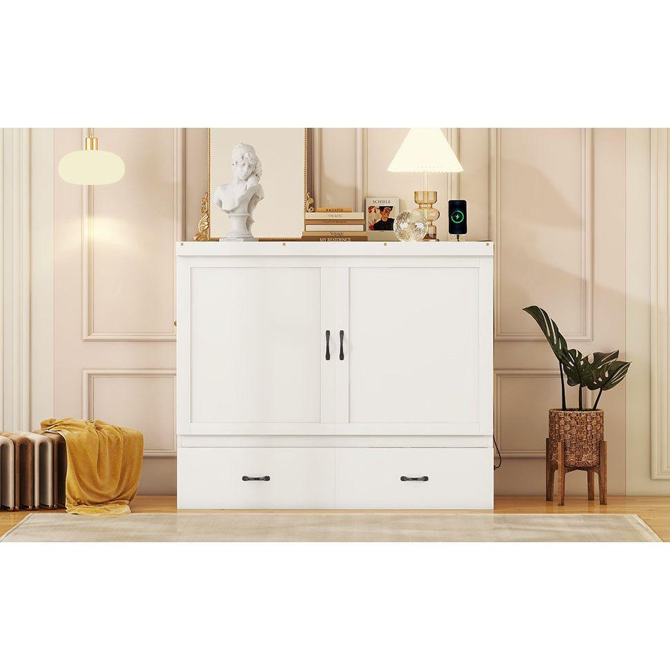 Full Size Murphy Bed with USB Port and a Large Drawer, White