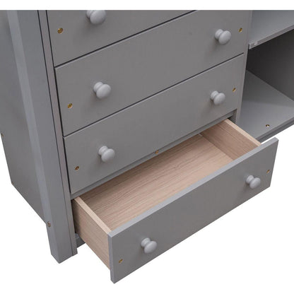 Wooden Twin Over Full Bunk Bed With Six Drawers And Flexible Shelves,Bottom Bed With Wheels,Gray
