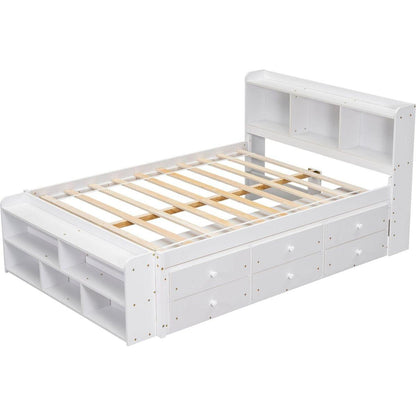 Full Bed with Bookcase Headboard, Under bed Storage Drawers and Bed End Storage Case,White