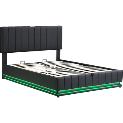 Full Size Upholstered Bed with Hydraulic Storage System and LED Light, Modern Platform Bed with Sockets and USB Ports, Black