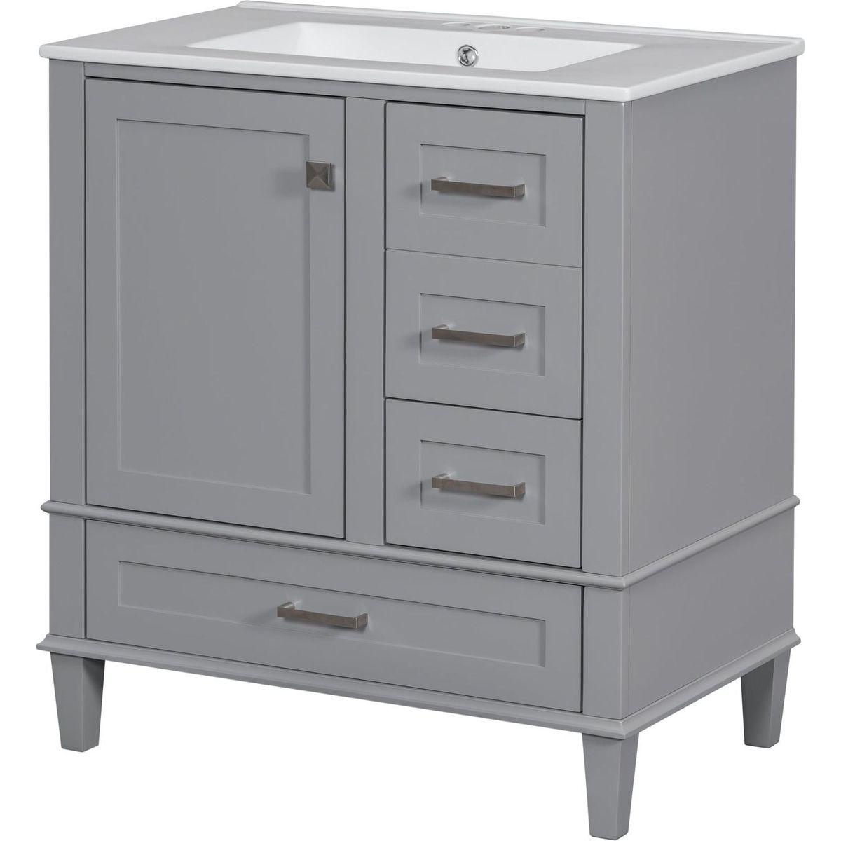 30" Bathroom Vanity, Modern Bathroom Cabinet with Sink Combo Set, Bathroom Storage Cabinet with a Soft Closing Door and 3 Drawers, Solid Wood Frame(Grey)