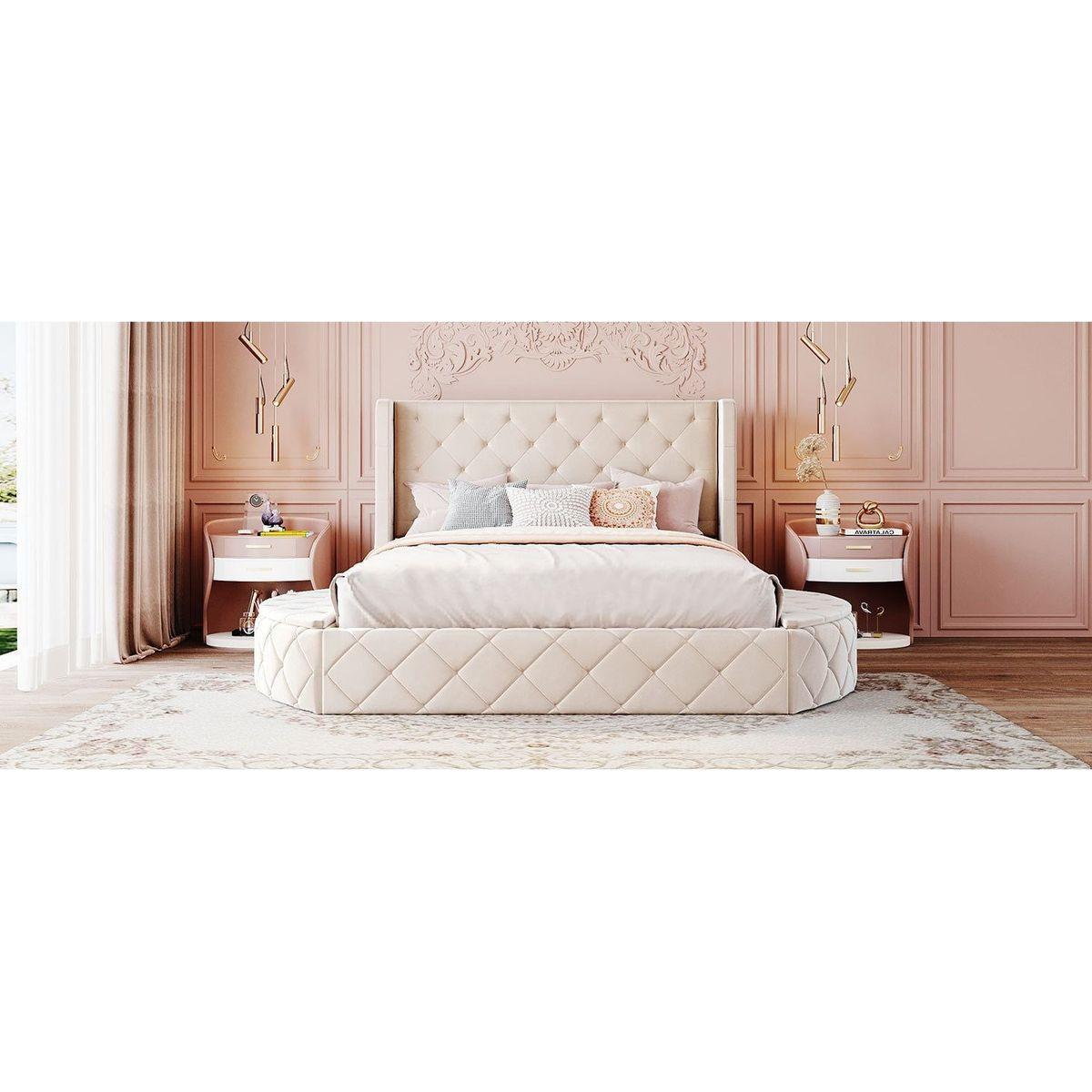 Upholstered Platform Bed Queen Size Storage Velvet Bed with Wingback Headboard and 1 Big Drawer,2 Side Storage Stool(Beige)