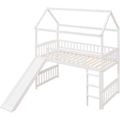 Twin Loft Bed with Slide, House Bed with Slide,White