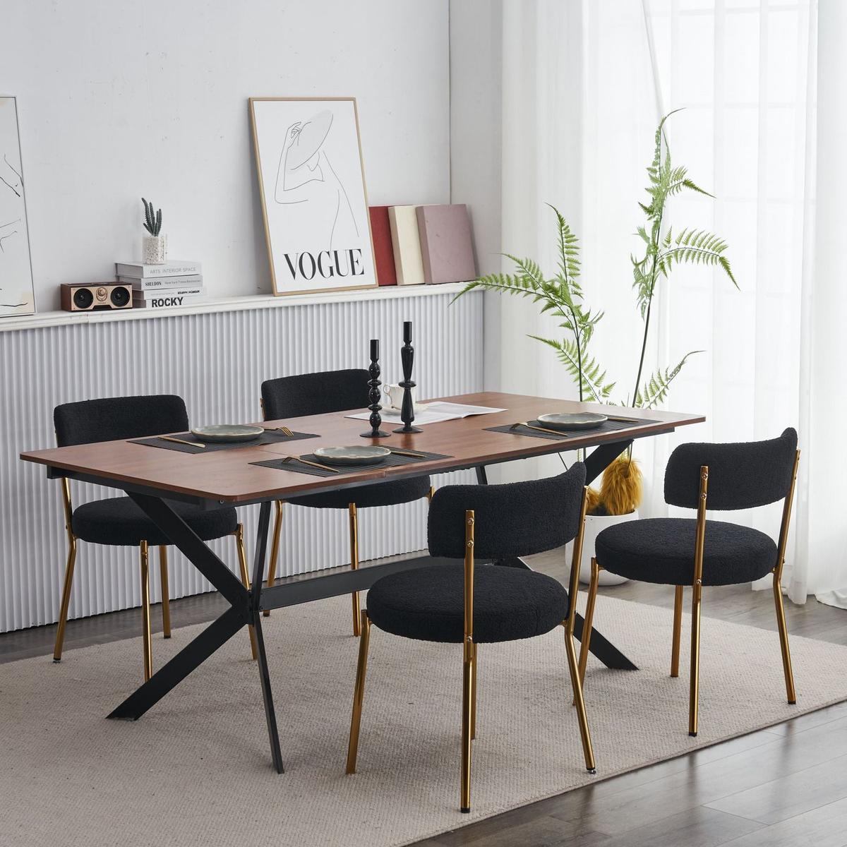 Set of 2 mid-century modern dining chairs - Teddy fabric upholstery - Curved back - Metal frame - Black | Elegant and comfortable kitchen chairs