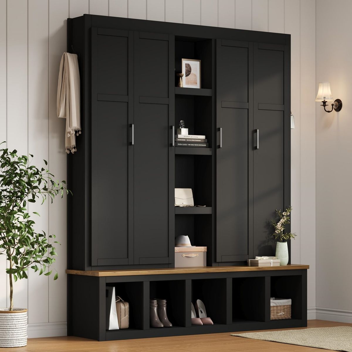 ON-TREND 62.9'W Farmhouse 4-in-1 Hall Tree with 6 Hanging Hooks, Mudroom Wood Grain Bench with Open Compartments, Entryway Shoe Cabinet with Seating Bench for Living Room, Hallway, Black