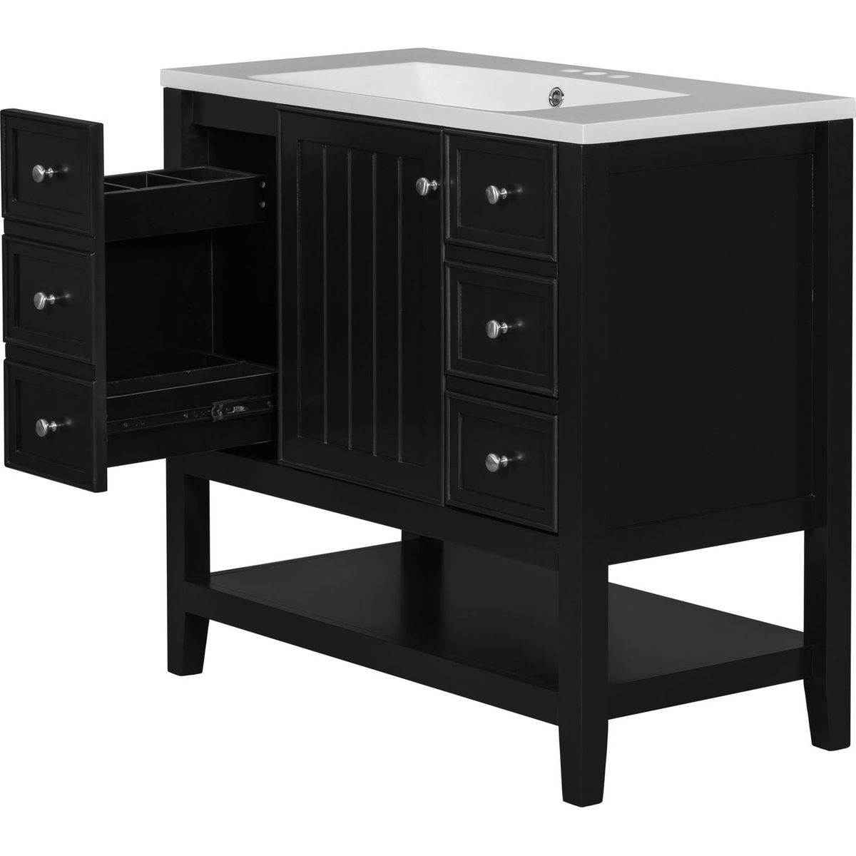 36" Bathroom Vanity with Sink Combo, One Cabinet and Three Drawers, Solid Wood and MDF Board, Black